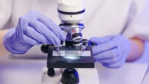 Researcher preparing a slide under a laboratory microscope