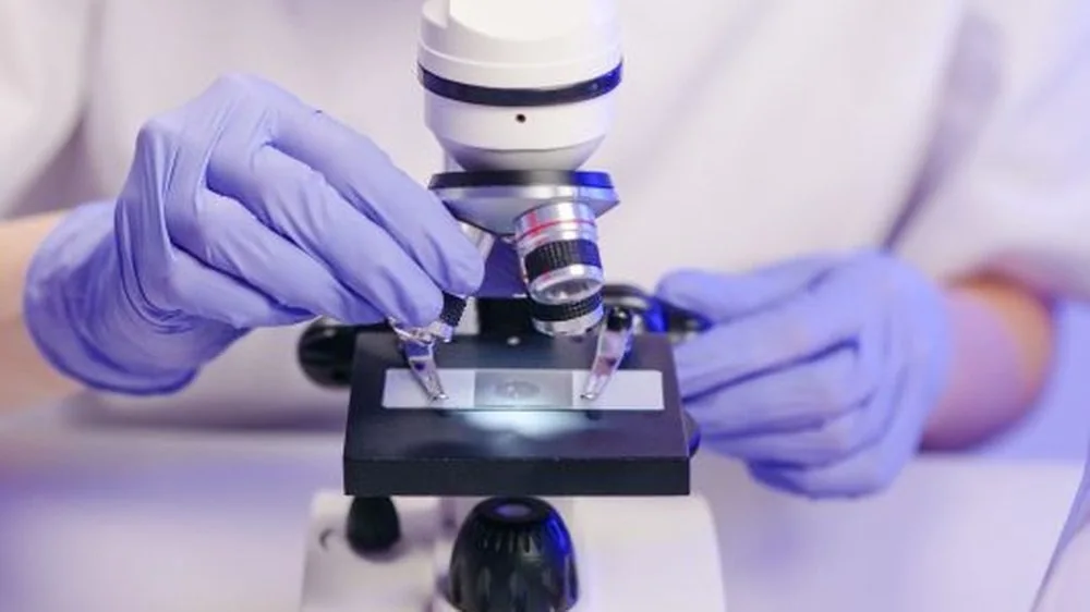 Researcher preparing a slide under a laboratory microscope